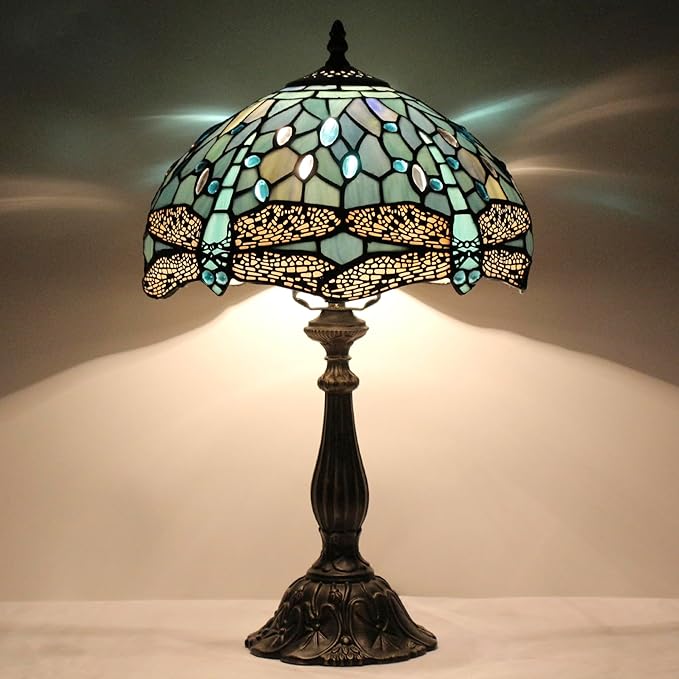 Tiffany Lamp Touch Control Table Lamp Sea Blue Stained Glass Desk Lamp 12X12X19 Inches Dragonfly Style Reading Light