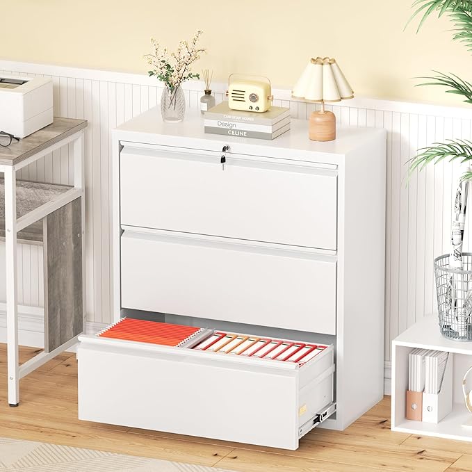 Greenvelly 3 Drawer Lateral File Cabinet with Lock, White Filing Cabinet for Home Office, Locking Metal File Cabinet for Legal/Letter/A4/F4 Size with Hanging Bars&Key