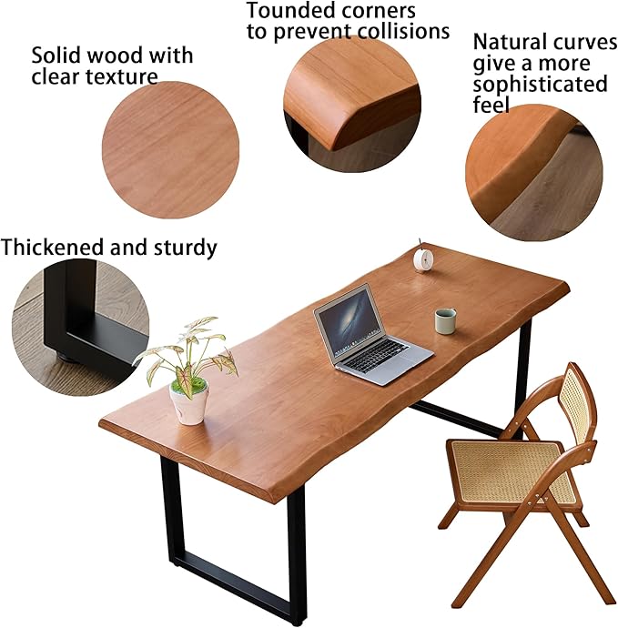 Stylish Solid Wood Office Desk with Sturdy Metal Base - Durable Multi-Size Executive Computer & Dining Table - Perfect for Home Office & Work Environments (Brown, 55.12in)