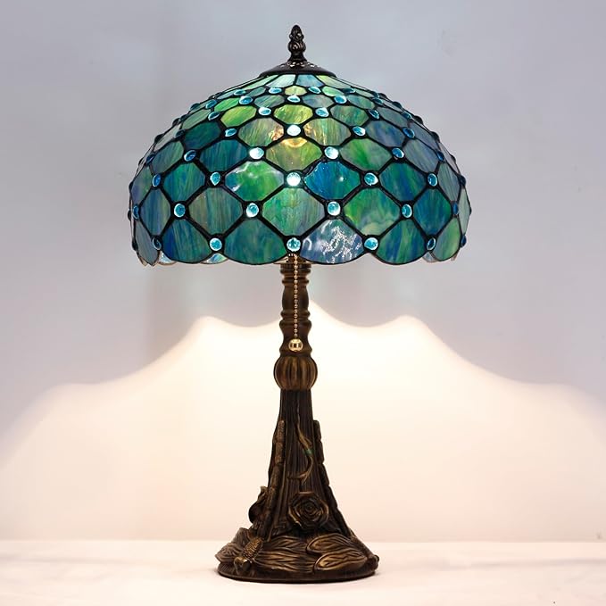 Tiffany Stained Glass Table Lamp 12X12X19 Inch Sea Blue Pearl Style Desk Bedroom Living Room Reading Light (Sea Blue Pearl)