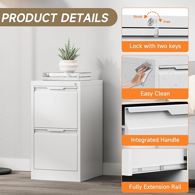Coolsun 2 Drawer Vertical File Cabinet with Lock, Metal Filing Cabinet for Home Office, Locking File Cabinet for A4/F4/Legal/Letter, Assembly Required (White, 2 Drawer)