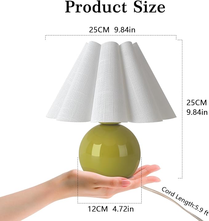 Green Small Bedside Mini Table Lamp for Bedroom, Cute Bedroom Lamps for Nightstand, Cute Mini Table Lamps for Small Spaces with Scalloped Shade for Kitchen Counter, Bookshelf, Kids Dorm