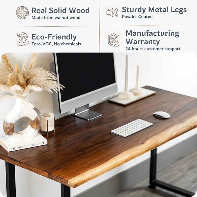Solid Walnut Wood Computer Desk – Live Edge Wooden Home Office Desk with Sturdy Metal Legs – Handmade Real Wood Table for Work, Study, or Gaming - 60” x 27”