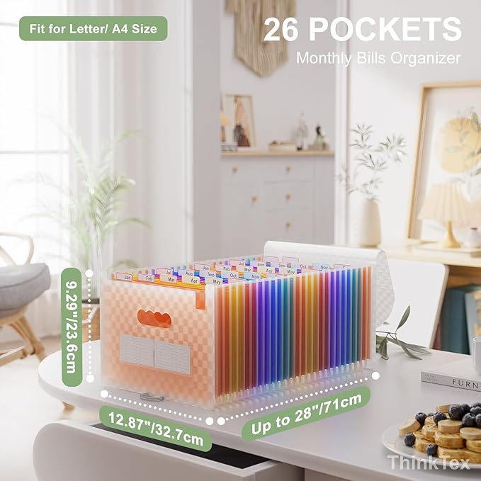 ThinkTex Accordian File Organizer, 26 Pockets Expanding File Folders, Monthly Bill Receipt Documents Organizer, A-Z Colorful Tabs, Letter/A4 Size -Orange