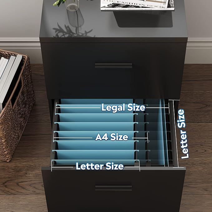 DEVAISE Wood File Cabinet, 2 Drawer Filing Cabinet for Home Office, Vertical File Cabinets with Wheels fits A4/Letter/Legal Size File, Black
