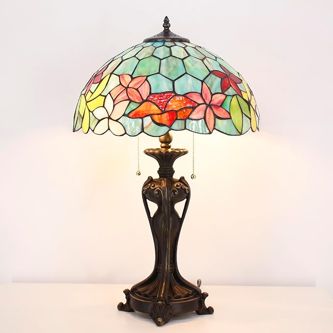 Tiffany Stained Glass Table Lamp 16X16X24 Inch Green Red Flowers Style Desk Bedroom Living Room Antique Reading Light (Red Flowers)