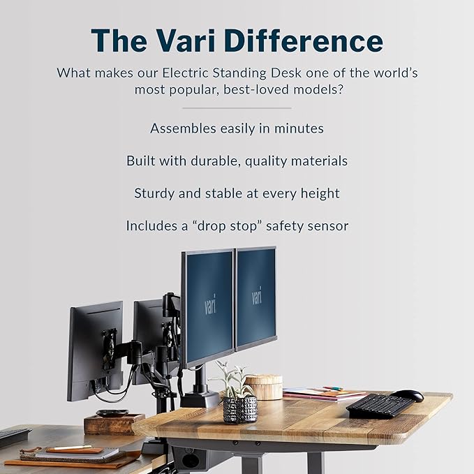 Vari Classic Electric Standing Desk - VariDesk Height Adjustable Sit/Stand Desk - Dual Motor with Memory Presets, Stable T-Style Legs - Gaming or Home Office Workstation - 60”x30”, Reclaimed Wood