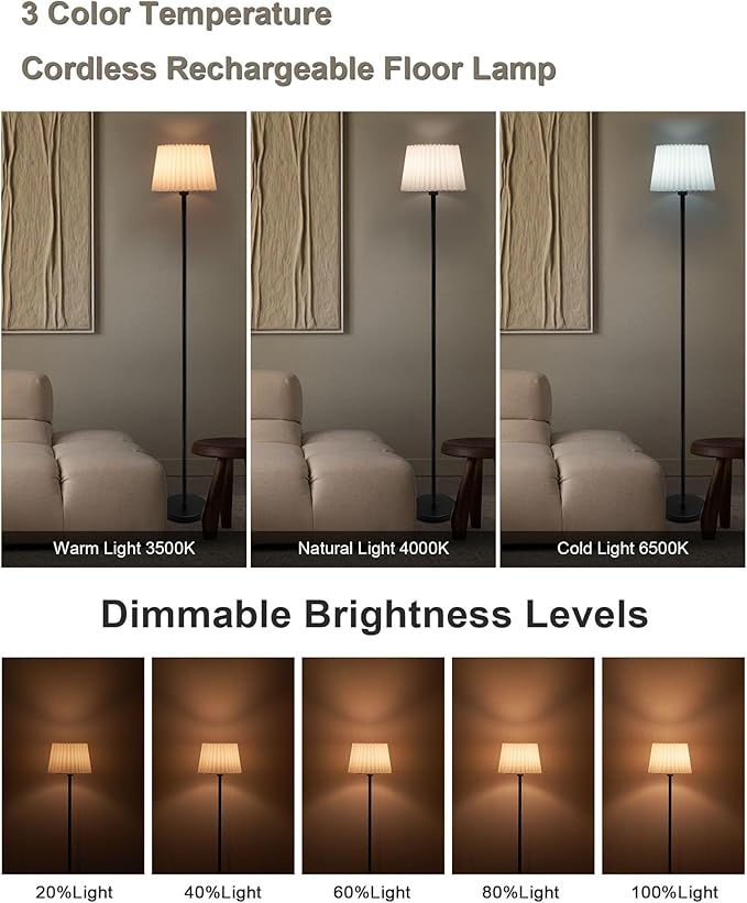 UMEXUS Cordless Rechargeable Floor Lamp for Bedroom, 57" Battery Operated Dimmable Floor Lamp, Small Corner Standing Light with Remote & Timer Portable Bedside Outdoor Patio Kids Room Ambient Lighting