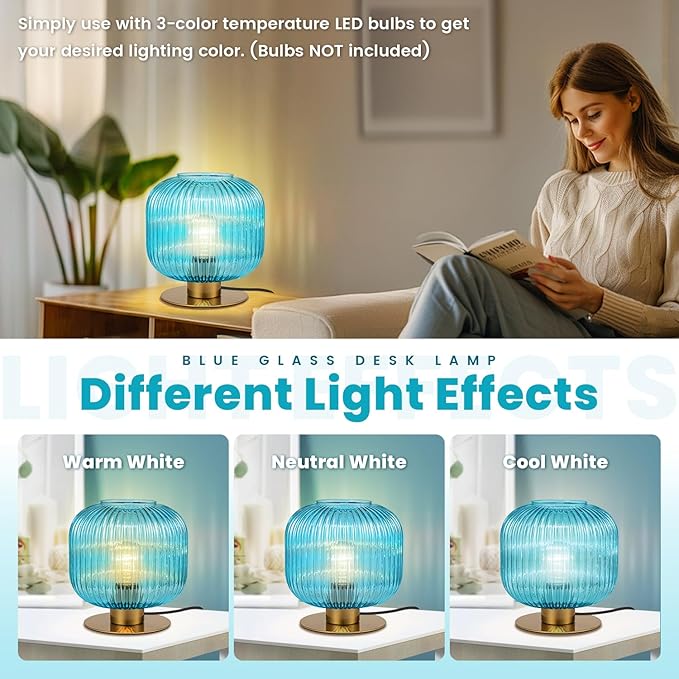Side Table Lamp for Living Room, Coastal Table Lamps Blue Desk Lamp with Ribbed Glass Globe, Mid Century Modern Gold Bedside Lamp Bedroom Small Nightstand Lamp End Table Lamp
