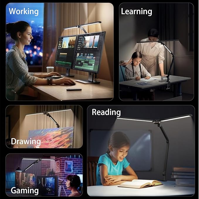 LED Desk Lamp for Office Home, Eye-caring 3-Lights 1500 Lumen with Clamp, Dual Screen Computer Adjustable Light, 24W Dimmable 272 Leds Remote Controlled Timed Table Lamp for Reading Study Working