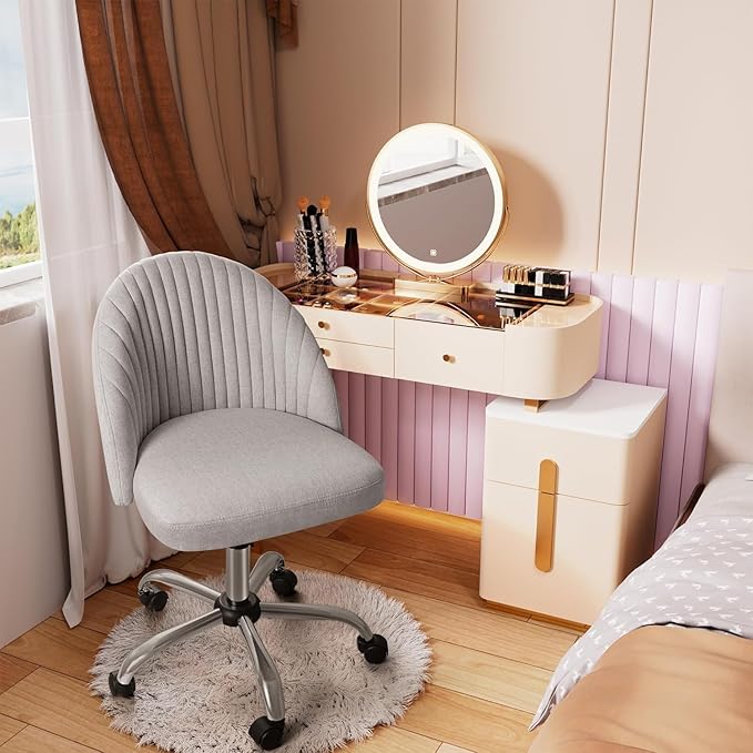 Furniwell Office Chair Armless Cute Desk Chair Modern Adjustable Swivel Padded Fabric Vanity Task Computer Chair Home Office Desk Chairs with Wheels (Grey)