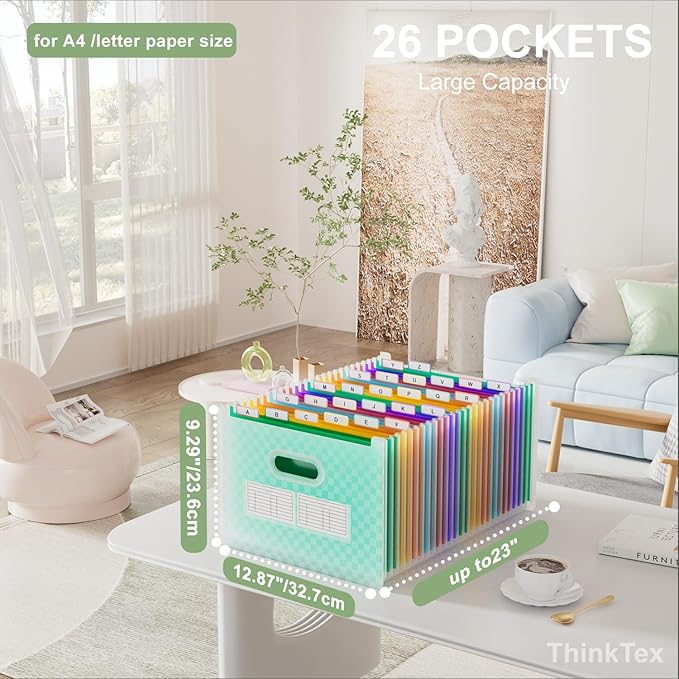 ThinkTex 26 Pockets Accordion File Organizer, Upright & Open Top, A-Z Colorful Tabs, Larger Capacity Expanding File Folder, Letter/A4 Size for School, Home and Office - Green