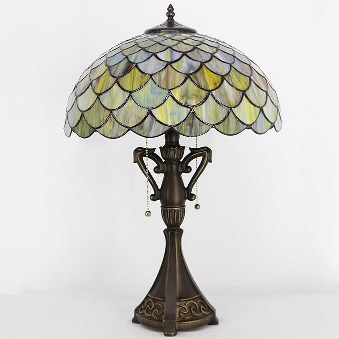 Tiffany Table Lamp 24 Inch High Antique Stained Glass Brown Fish Scales Desk Reading Light Wide 16 Inch for Bedroom Living Room Home Office