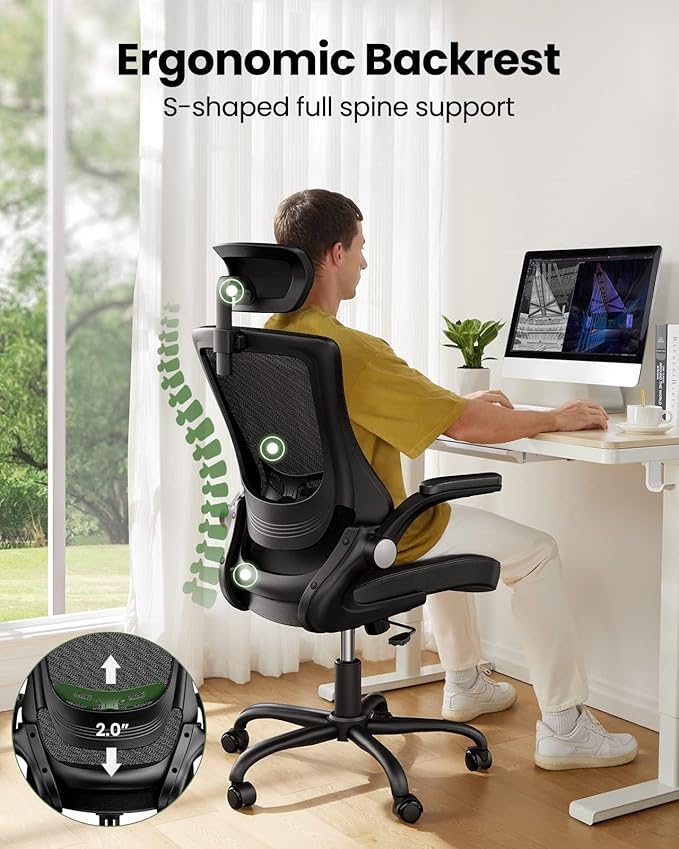 Marsail Office Chair Ergonomic Desk Chair, 360°Swivel Mesh Back Wide Computer Chair PU Leather Criss Cross Chair,Adjustable Lumbar Support & Flip-up Armrests,Adjustable Height Executive Task Chair