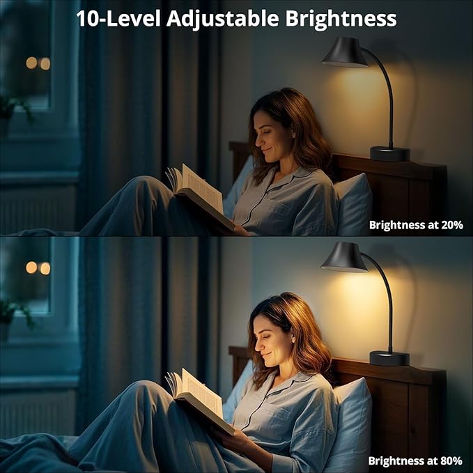 TONYFUL Bed Reading Light, Eye Care Headboard Lamp, No Drilling Headboard Light, 5 Color Temperatures & 10 Brightness Bed Lamp, Flexible Gooseneck, Top Ambient Lighting Bedside Lamp(Black)