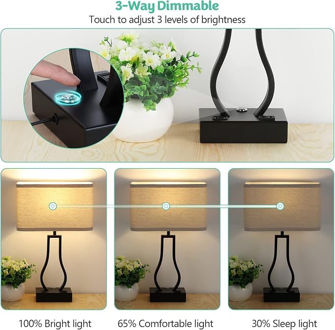 Touch Control Table Lamps Set of 2, 3-Way Dimmable Bedside Nightstand Lamps with Dual USB Ports and 2-Prong AC Outlet for Bedroom Living Room Dorm Office, Bulbs Included