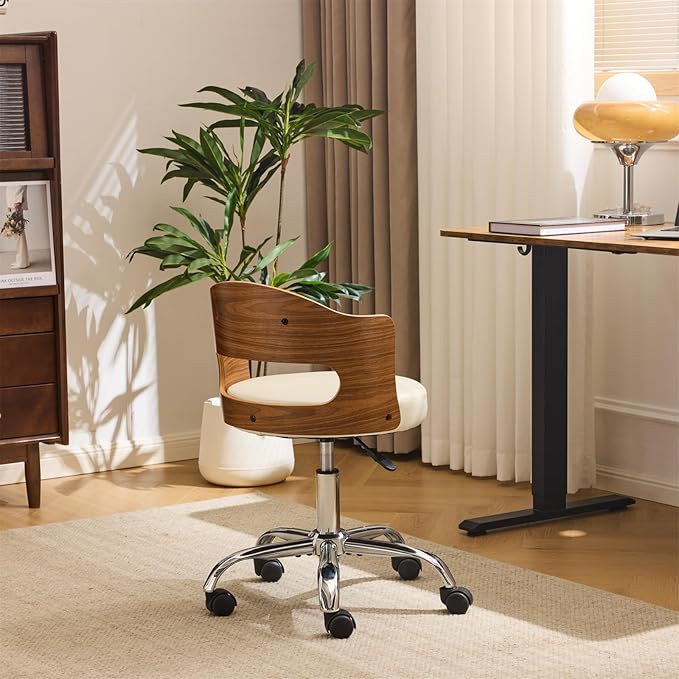 VINGLI Armless Home Office Desk Chair, Adjustable Swivel Chair,Dual-Use with/no Wheels,Small Retro Designed Walnut Curved Task Chair,Cushioned Nail Tech Chair for Study Area,Workspace,PU,Ivory White
