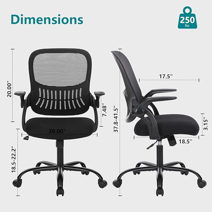 SMUG Office Computer Desk Chair, Ergonomic Mid-Back Mesh Rolling Work Swivel Task Chairs with Wheels, Comfortable Lumbar Support, Comfy Flip-up Arms for Home, Bedroom, Gaming, Study, Student