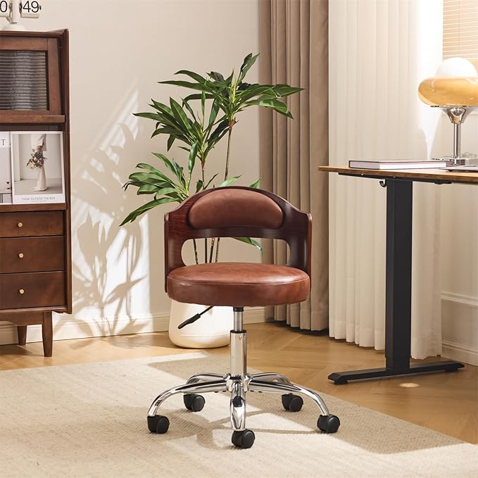 VINGLI Armless Home Office Desk Chair, Adjustable Swivel Chair,Dual-Use with/no Wheels,Small Retro Designed Walnut Curved Task Chair,Cushioned Nail Tech Chair for Study Area,Workspace,PU,Brown