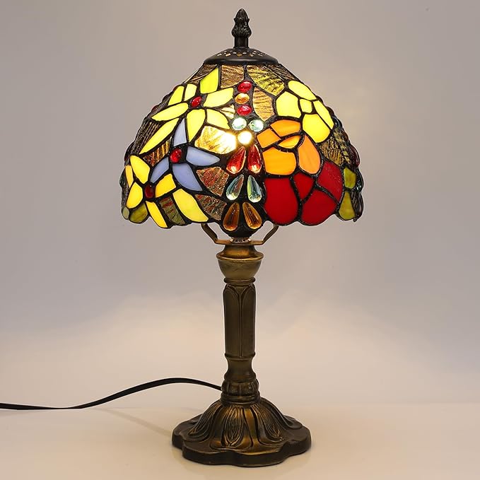 Tiffany Small Table Lamp 3 Color Temperatures Rose and Beads Stained Glass Bedside Nightstand Table Lamps for Bedroom,Living Room,Home Office Reading Desk Lamp+LED Bulb 8X8X15 Inch