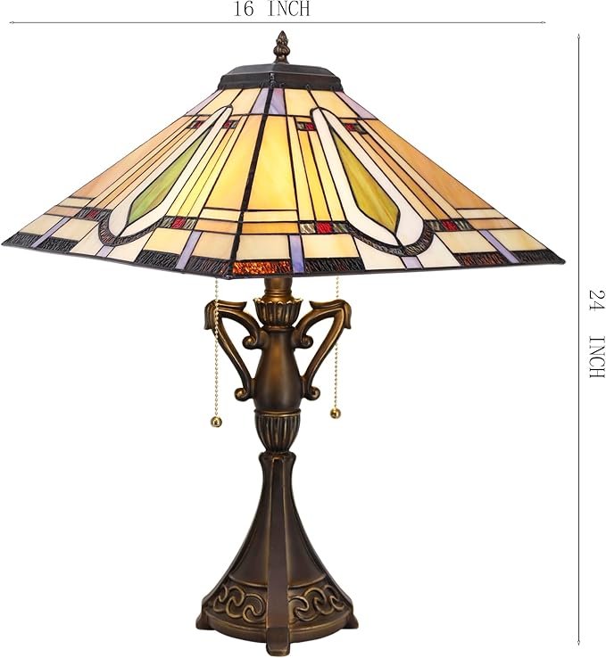 Tiffany Table Lamp Stained Glass Geometry Mission Style Desk Reading Light 16X16X24 Inch for Bedroom Living Room Home Office