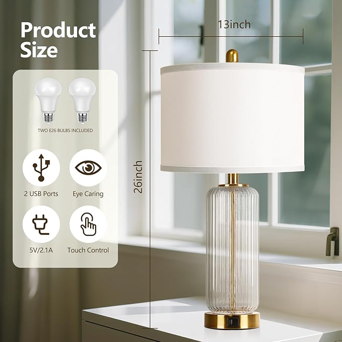 Table Lamps Set of 2 with Touch Control, 27" Modern Glass Bedside Lamps with USB A+C Ports, 3-Way Dimmable Nightstand Lamp with Vertical Grained Glass, Bedside Table Lamps, Desk Lamp for Bedroom