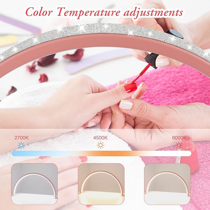 Half-Moon Nail Desk Lamp, Upgrade 30 Inches Lash Light for Eyelash Extensions, 3400 Lumen Led Light for Nails,Tattoo Artists, Adjustable Brightness Warm, Soft, Cool (Pink)