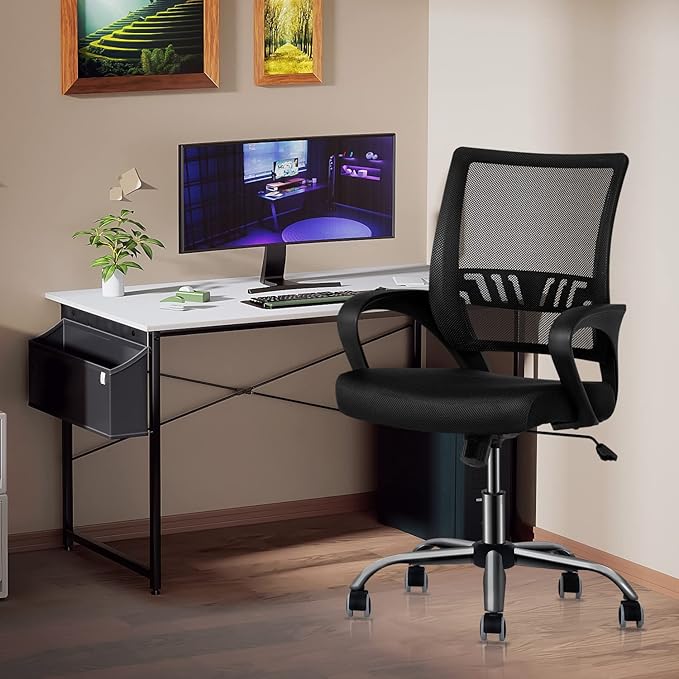 MoNiBloom Office Swivel Desk Mesh Chair, Mid Back Ergonomic Rolling Computer Task Chair with Lumbar Support, Adjustable Height/Tilt, Black