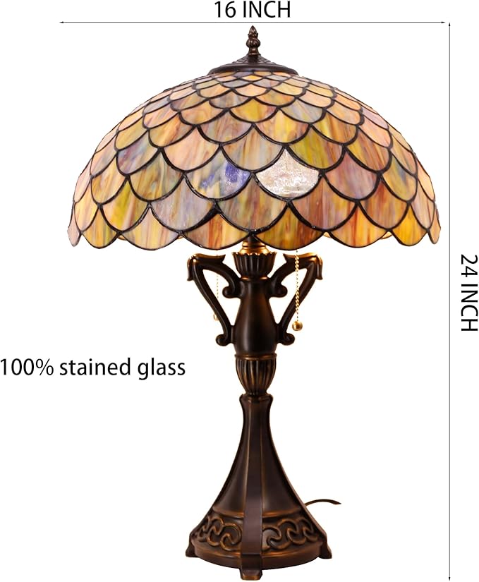 Tiffany Table Lamp 24 Inch High Antique Stained Glass Brown Fish Scales Desk Reading Light Wide 16 Inch for Bedroom Living Room Home Office