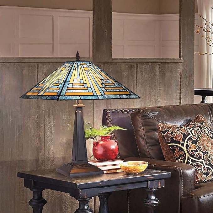 Tiffany Table Lamps 16" Wide Handmade Stained Glass Desk Lamp for Reading 2 Lights Blue Mission Style Antique Table Light for Living Room Bedroom Home Office