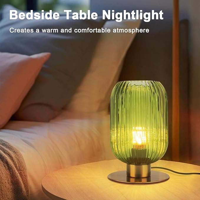 Green Glass Table Lamp, Mid Century Modern Table Lamp Vintage Gold Bedside Lamp with Brass Metal Base, Decorative Desk Lamp Small Boho Lamps for Bedroom Nightstand Living Room Office