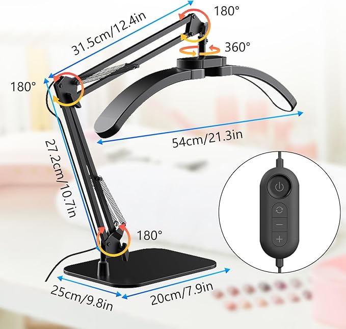 Half Moon Light for Nail Desk, 2-in-1 Foldable Half Moon Desk Lamp, Arch Nail Tech Light with 3 Color Modes & 10 Brightness for Eyelash Beauty, Tattoo, 3000K-6500K - Black