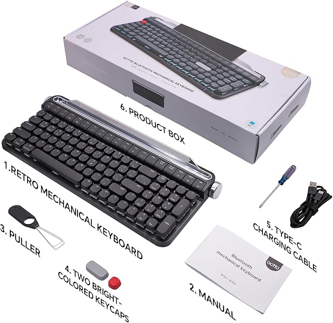 Retro Typewriter Mechanical Keyboard with Tablet Stand, 100 Keys LED Backlit, ABS+PBT Keycaps, Wired/Bluetooth, Blue Switch, Compatible with Windows/Mac/iOS/Android (Black)