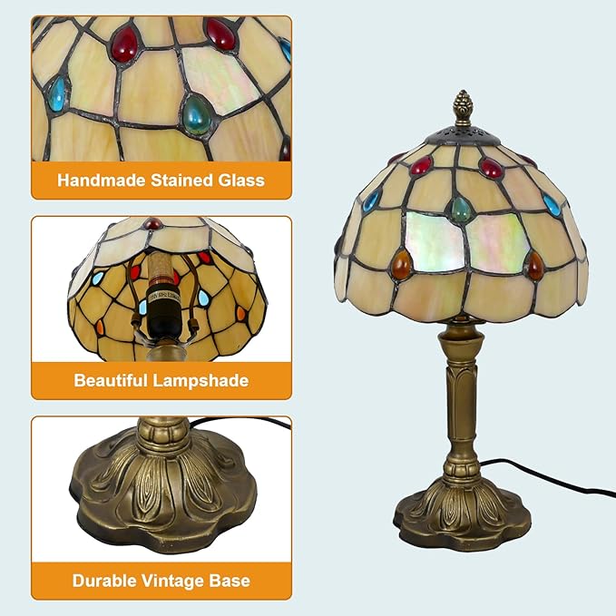 Tiffany Table Lamp - Beige with Colorful Beads, 14" Tall, 8" Wide Reading Lamp with Color Changing LED Bulb