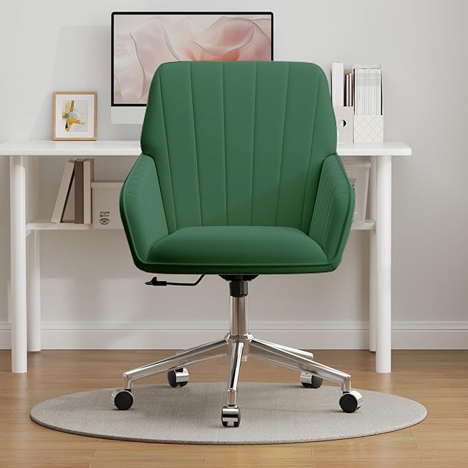 YISHENG Velvet Office Desk Chair with Silver Base, with Wheels,Modern Height Adjustable 360 Degree Swivel Upholstered Vanity Chairs with Arms for Living Room Bedroom,Green