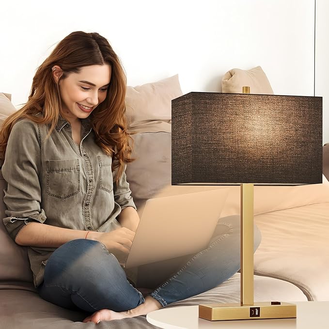 Lynnoland 21" Set of 2 Bedside lamp with USB A+C & AC Outlets, Touch Control 3-Way Dimmable Nightstand Lamps for Bedroom Living Room Office Reading, Black Shade Touch Lamps, 3000K LED Bulbs Included