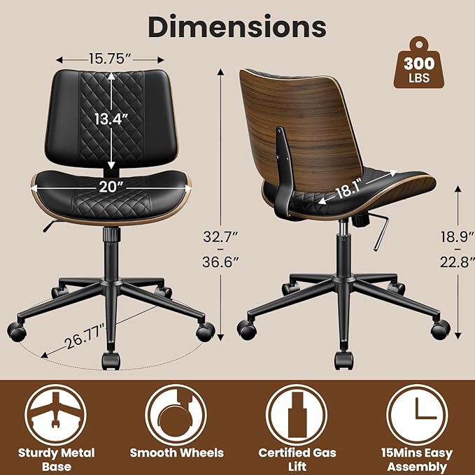 Home Office Chair with Wheels, Armless Desk Chair Adjustable Height with Lumbar Support, Swivel Rolling, Modern Walnut Backrest for Office, Small Space, Black, Lozenge Pattern