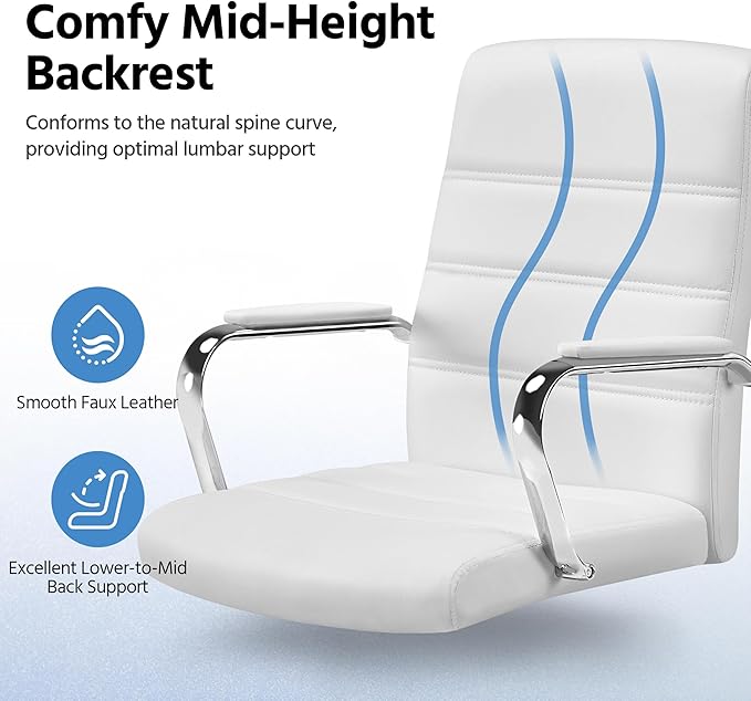 Yaheetech Office Desk Chair Mid-Back Leather Computer Chair Height Adjustable Ergonomic Executive Chair w/Lumbar Support Comfy Thick Padded Armrests and Seat, White