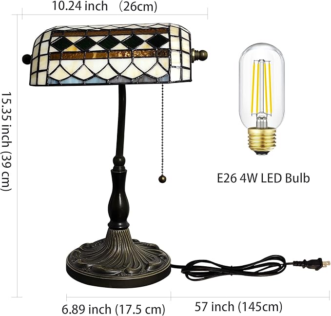Small Tiffany Style Banker Table Lamp Small Stained Glass Piano Desk Lamp Vintage Bedside Lamp for Home Living Room Office (White-Green Checkered)