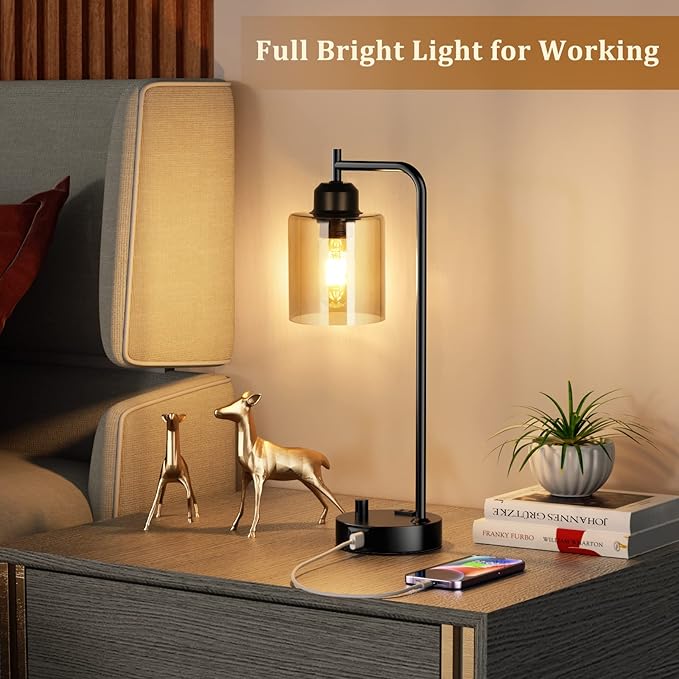 Innqoo Industrial Small Desk Lamp for Nightstand - Amber Clear Glass Shade Table Lamp with USB C Port, Fully Dimmable Black Bedside Lamp with USB Port and Outlet, Bedroom Lamp for Reading Office