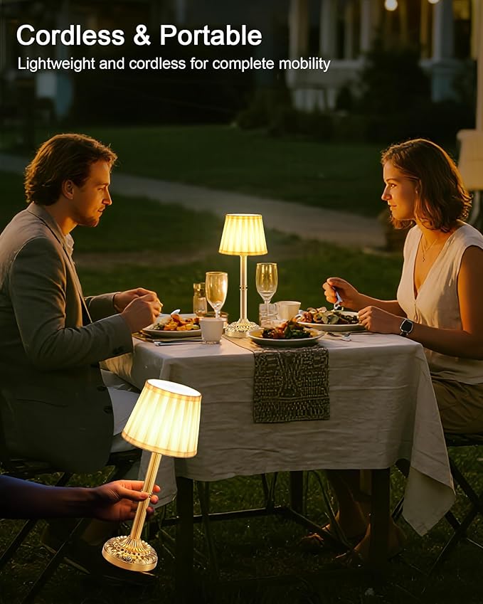Vintage Brass Cordless Rechargeable Table Lamp with Fabric Shade – Small Battery Operated Lamp, 3-Level Dimmer, Portable Wireless Lighting for Restaurant Dining Bedside Kitchen Living Room Patio