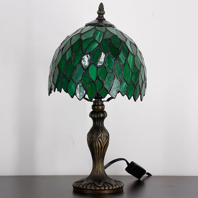Small Tiffany Lamp Stained Glass Table Lamp Mini Desk Accent Light for Bedroom Bedside Reading Home Antique Style Decor 8X15 Inches (Green Wisteria)
