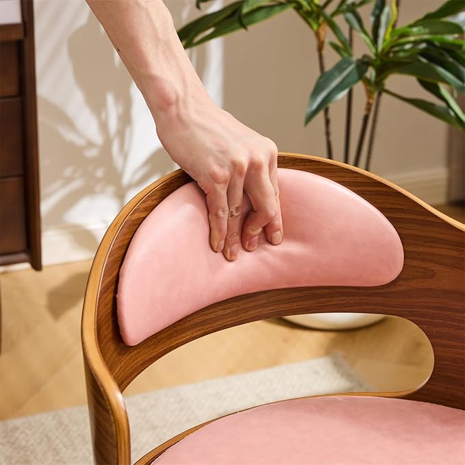 VINGLI Armless Home Office Desk Chair, Adjustable Swivel Chair,Dual-Use with/no Wheels,Small Retro Designed Walnut Curved Task Chair,Cushioned Nail Tech Chair for Study Area,Workspace,PU,Pink