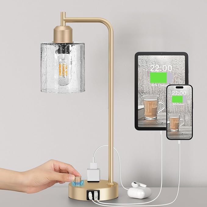 Innqoo Champagne Gold Industrial Bedside Table Lamp for Bedroom - Nightstand Lamps with USB C Charging Port, Fully Dimmable Black Ports and Outlets, Small Desk Glass Shade Office Living Room
