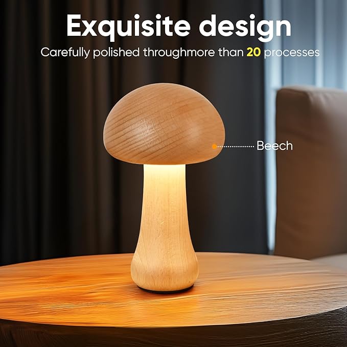 LED Creative Mushroom Table Lamp, Wood Desk Lamp, Bedroom Bedside Night Light, Dimmable Led Lighting, Creative Home Decor Table lamp, Unique House warmging Gift