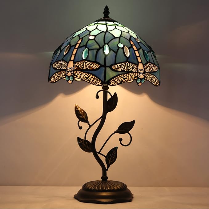 Tiffany Lamp Blue Dragonfly Style Stained Glass Table Lamp Desk Bedside Reading Light 12X12X19 Inches with Metal Leaf Base Decor Bedroom Living Room