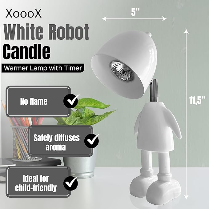 XoooX White Robot Candle Warmer Lamp with Timer - Adult, Kids and Boys Office Desk and Bedroom Decor Lamp; Gaming Room Decor Aesthetic; Fun Man Cave Cool Stuff; Robot Scented Candle Melter Diffuser