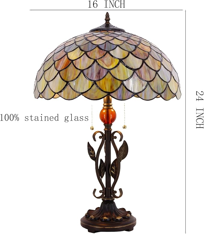 Tiffany Table Lamp Fish Scales Stained Glass Desk Reading Light 16X16X24 Inch Metal Leaf Base for Bedroom Living Room Home Office