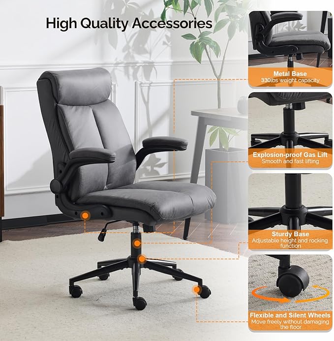 VINGLI Rolling Ergonomic Office Desk Chair with Padded Flip-up Arms, 360° Swivel High Back Executive Computer Task Chair with Wheels for Game,Home Small Space, Study Room, Reading Room,Pu Grey