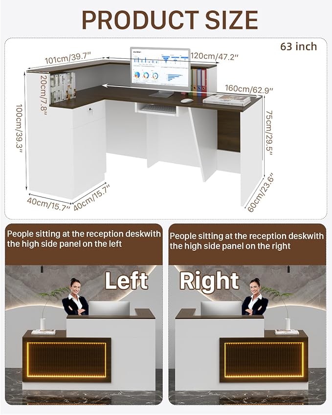 L-shaped Reception Desk, Solid Wood Reception Desk with Counter, Check out Stand with Lockable Drawer & Cabinet, Retail Checkout Counter for Office, Store, Beauty Salon (L-Shaped-Dark Walnut-R, 63in)